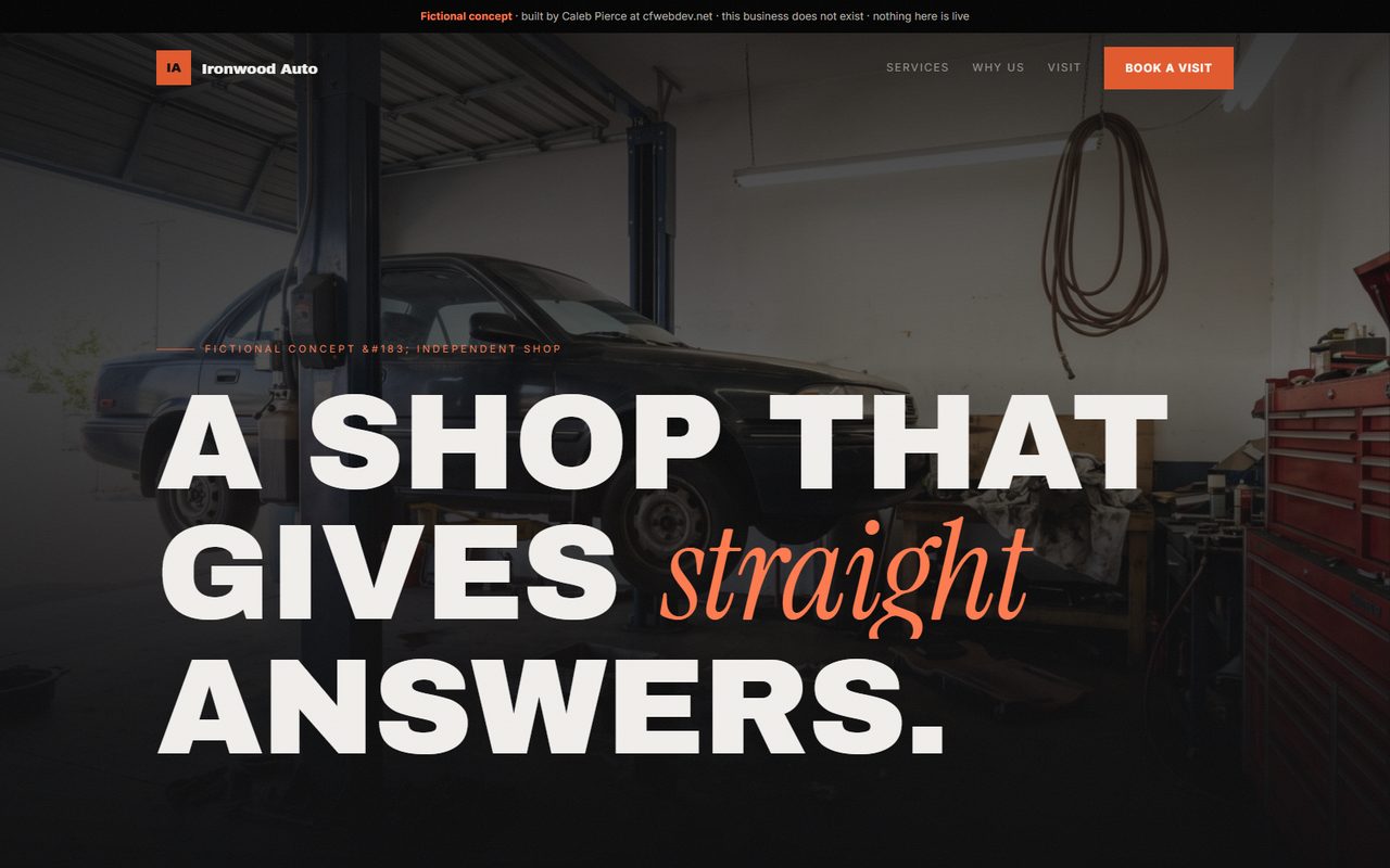 Homepage concept for a fictional independent auto repair shop