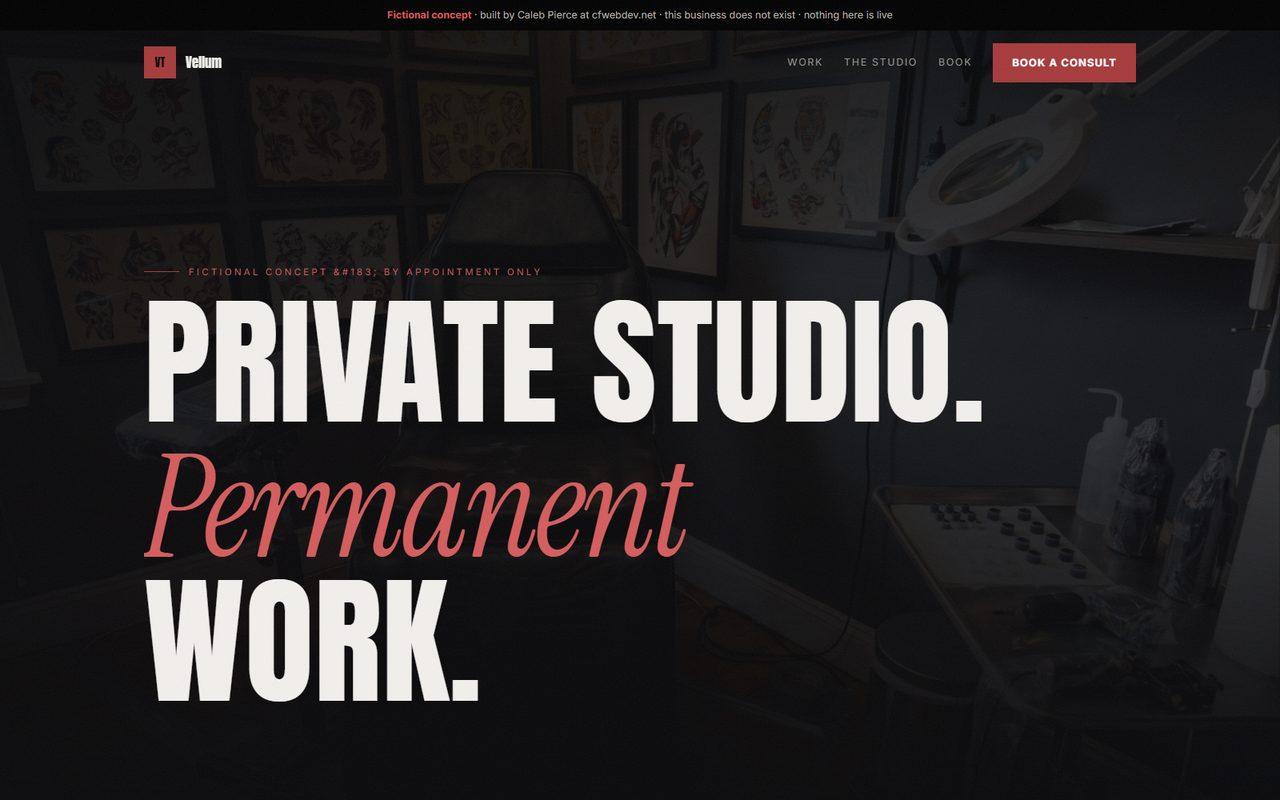 Homepage concept for a fictional private tattoo studio