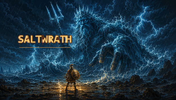 SALTWRATH key art showing a hoplite facing a storm god above the sea